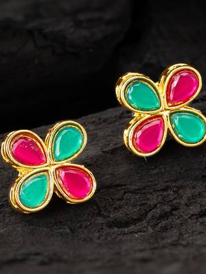 Pink green floral stud earrings 2