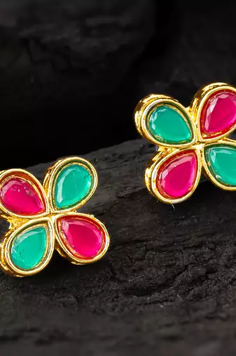 Pink green floral stud earrings