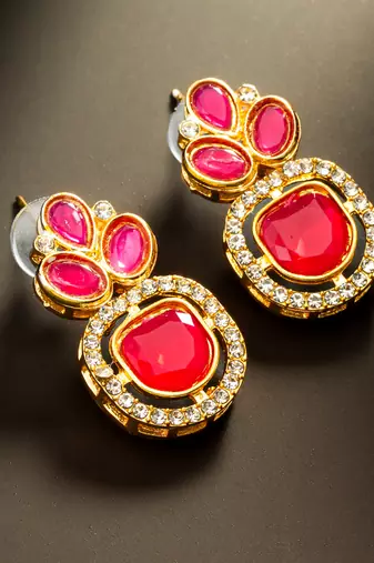 Pink kundan crystal stud earrings