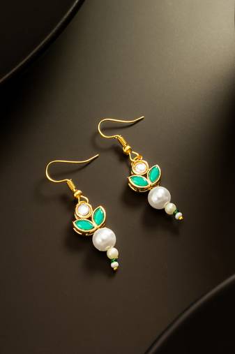 Green pearl kundan drop earrings