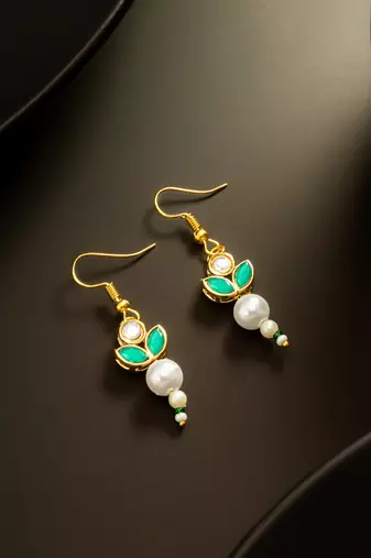 Green pearl kundan drop earrings