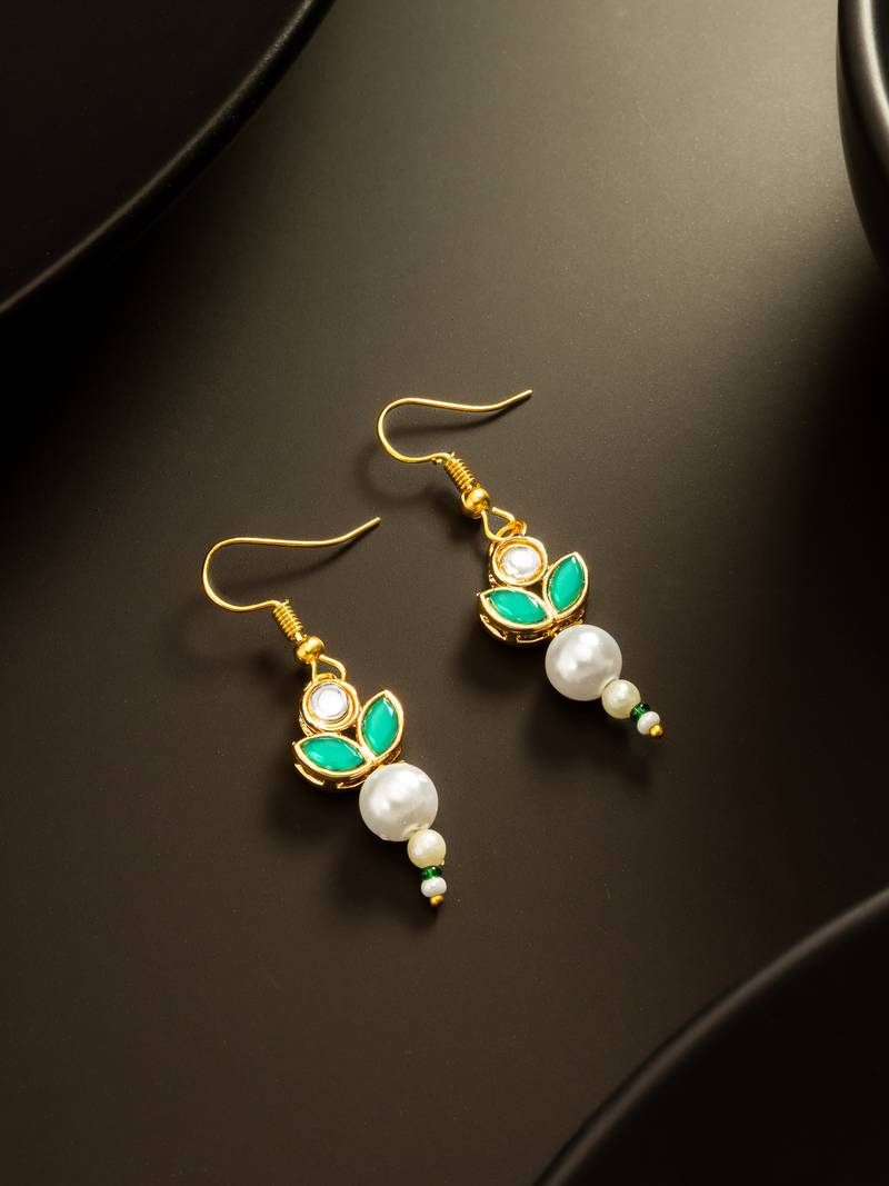 Green pearl kundan drop earrings