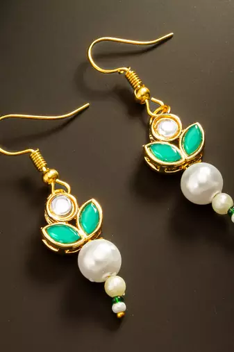 Green pearl kundan drop earrings