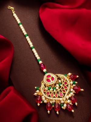 Pink green kundan maang tikka 1