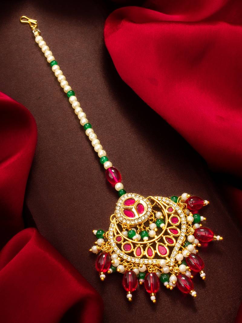 Pink green kundan maang tikka