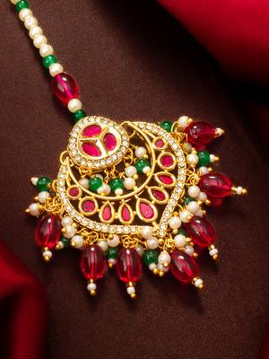 Pink green kundan maang tikka 2