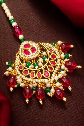 Pink green kundan maang tikka
