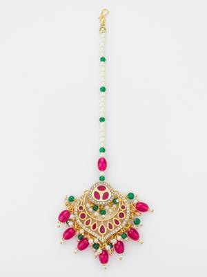 Pink green kundan maang tikka 3