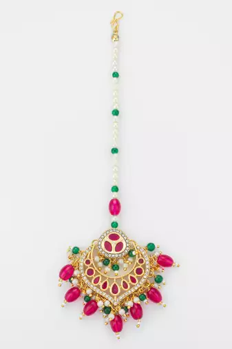 Pink green kundan maang tikka