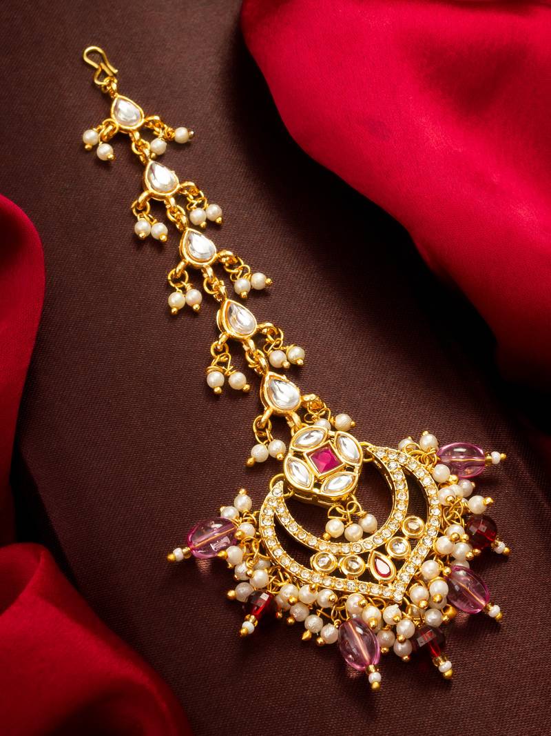 Pink polki chandbali maang tikka