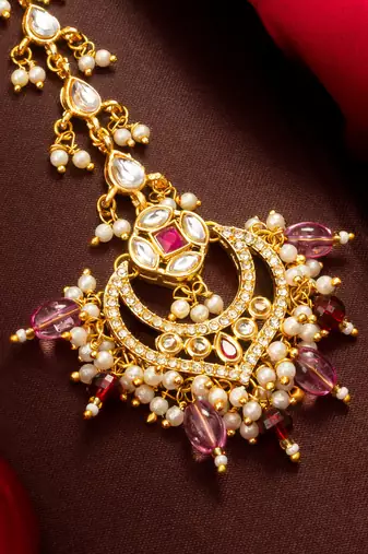 Pink polki chandbali maang tikka