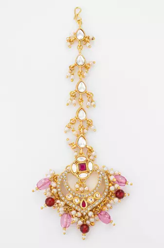 Pink polki chandbali maang tikka