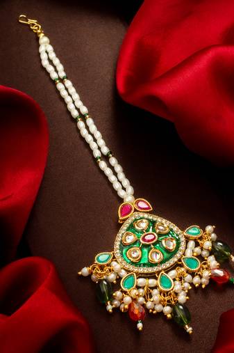 Green meenakari kundan maang tikka