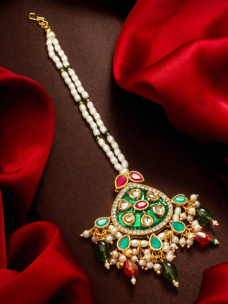 Green meenakari kundan maang tikka
