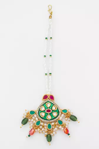 Green meenakari kundan maang tikka