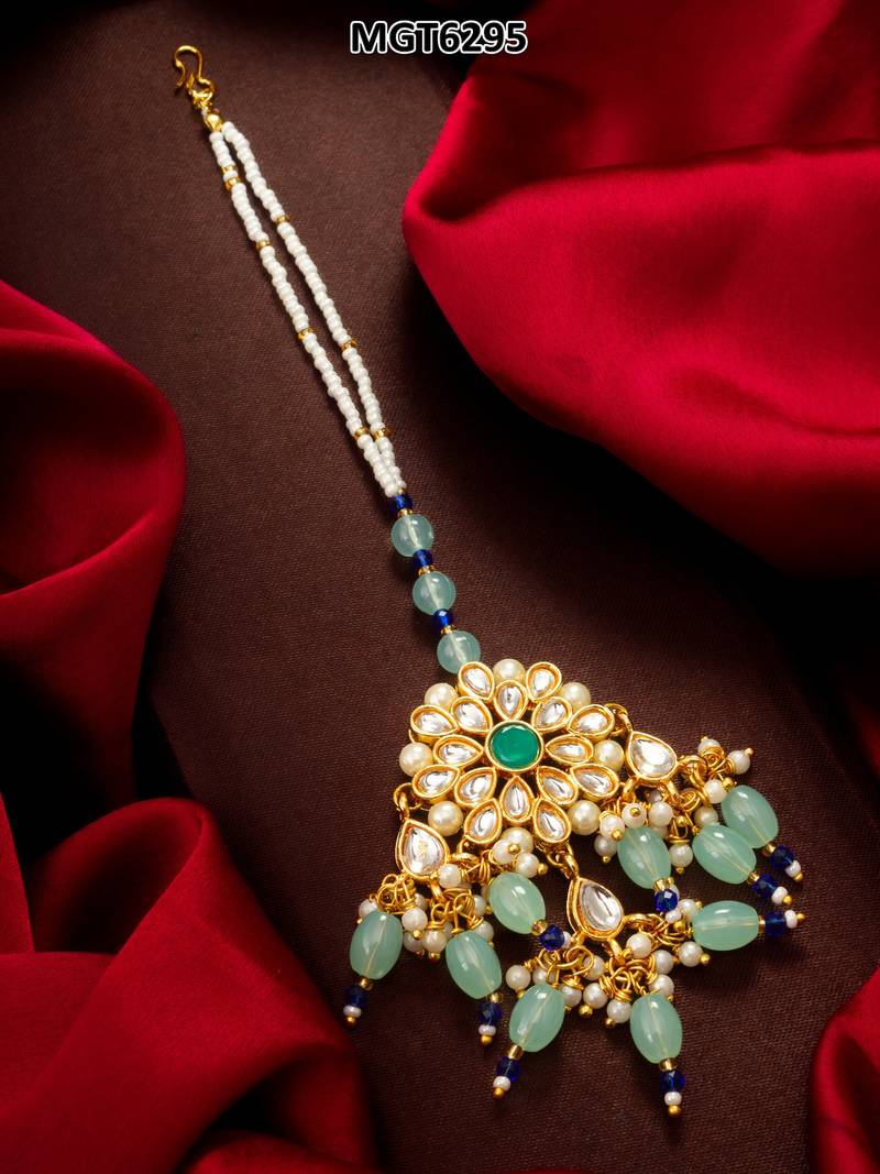 Teal mint kundan maang tikka