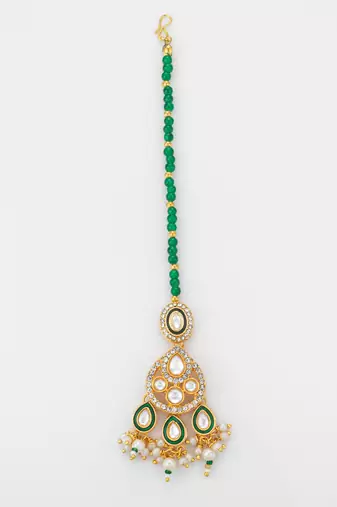 Green chandbali kundan maang tikka