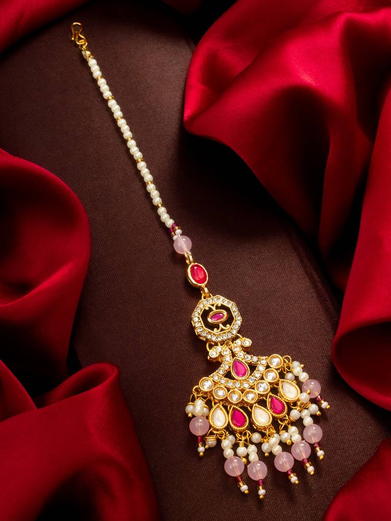 Pink pearl kundan beaded maang tikka
