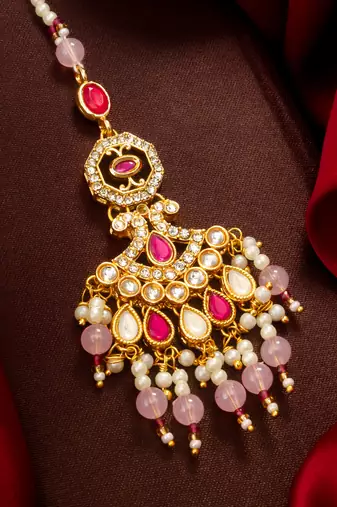 Pink pearl kundan beaded maang tikka