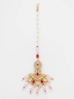 Pink pearl kundan beaded maang tikka 3