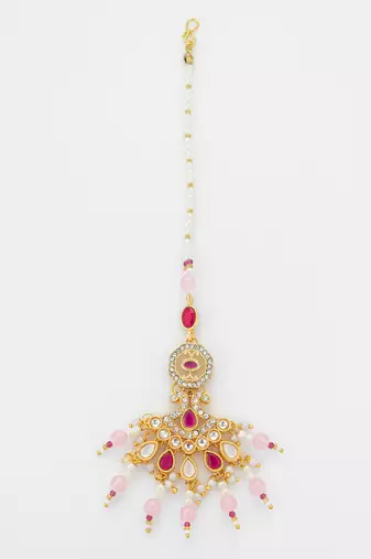 Pink pearl kundan beaded maang tikka