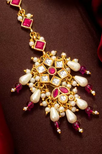 Pink pearl kundan beaded maang tikka