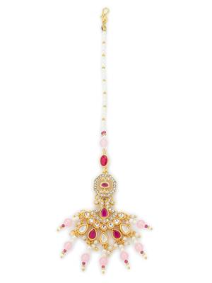 Pink pearl kundan beaded maang tikka 3
