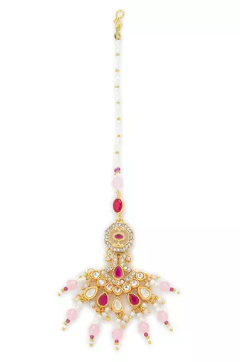Pink pearl kundan beaded maang tikka