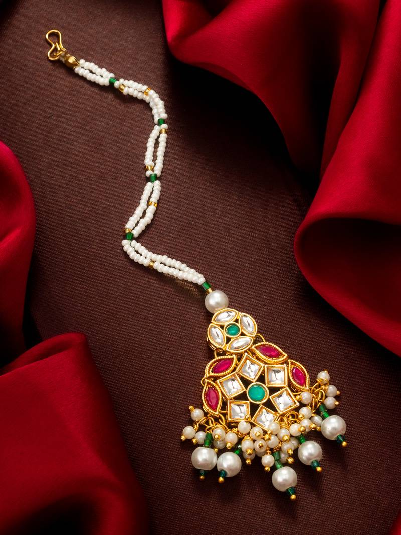 Green ruby kundan pearl maang tikka