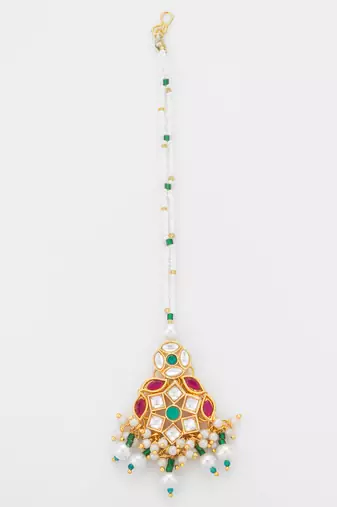 Green ruby kundan pearl maang tikka