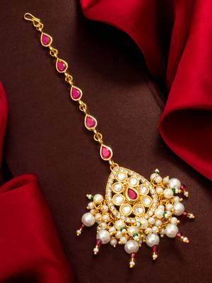 Ruby kundan pearl fringe maang tikka 1