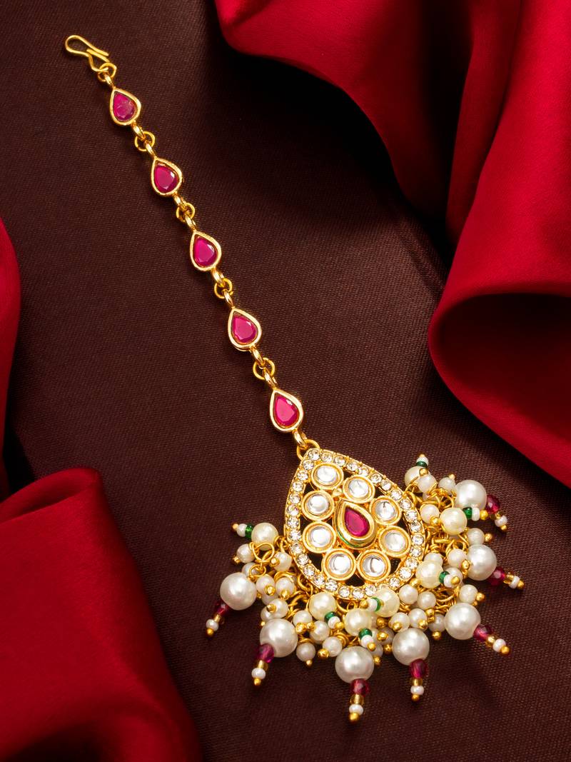 Ruby kundan pearl fringe maang tikka