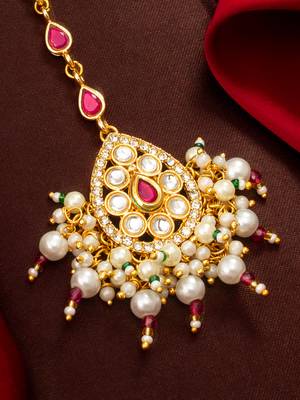 Ruby kundan pearl fringe maang tikka 2