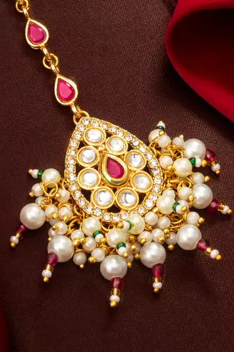 Ruby kundan pearl fringe maang tikka