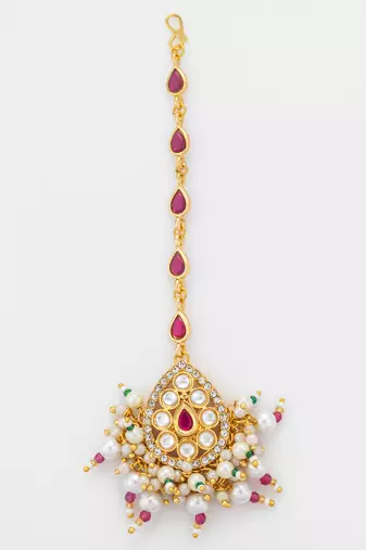 Ruby kundan pearl fringe maang tikka