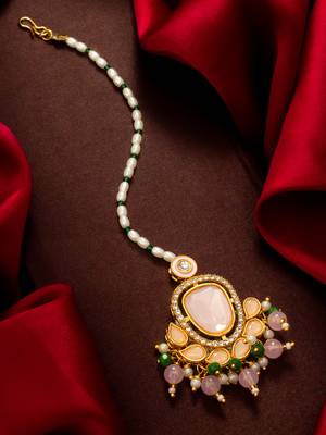 Pink peach kundan pearl maang tikka 1