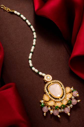 Pink peach kundan pearl maang tikka