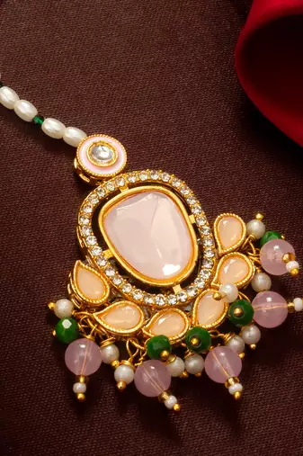 Pink peach kundan pearl maang tikka