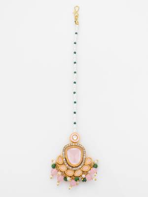 Pink peach kundan pearl maang tikka 3