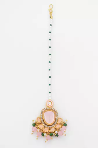 Pink peach kundan pearl maang tikka
