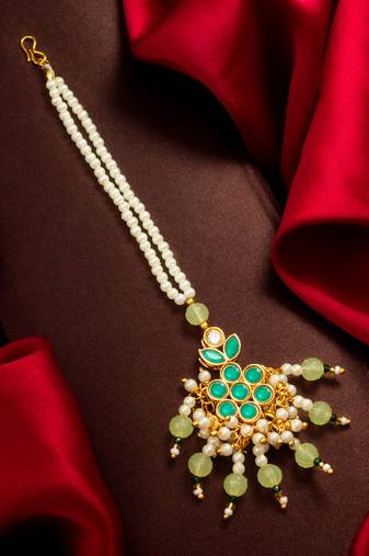 Teal pearl beaded maang tikka