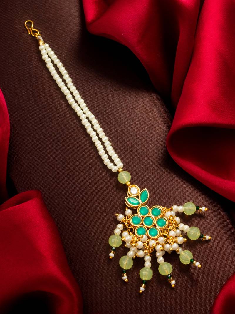Teal pearl beaded maang tikka