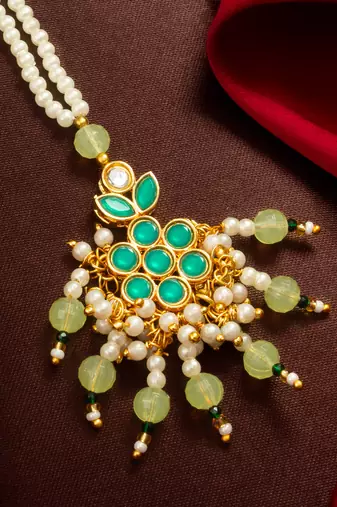 Teal pearl beaded maang tikka