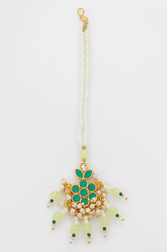 Teal pearl beaded maang tikka