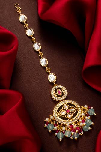 Aqua ruby kundan maang tikka