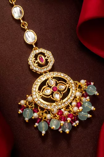 Aqua ruby kundan maang tikka