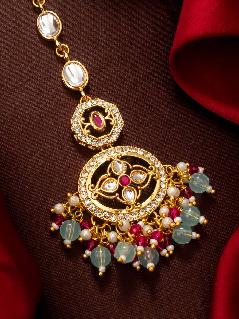 Aqua ruby kundan maang tikka