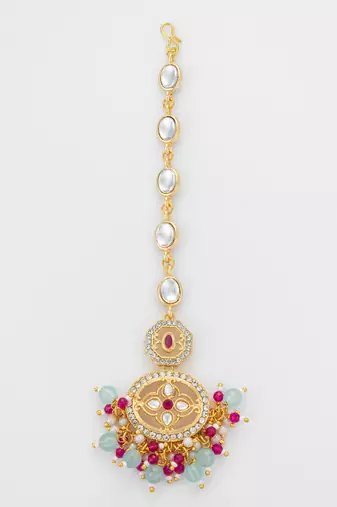 Aqua ruby kundan maang tikka