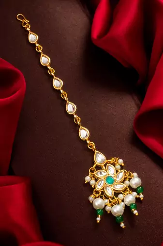 Teal floral kundan maang tikka