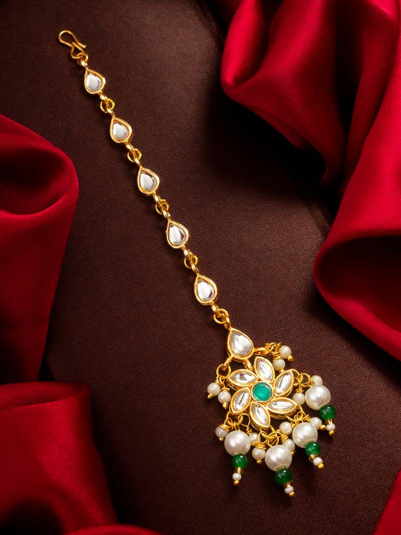 Teal floral kundan maang tikka